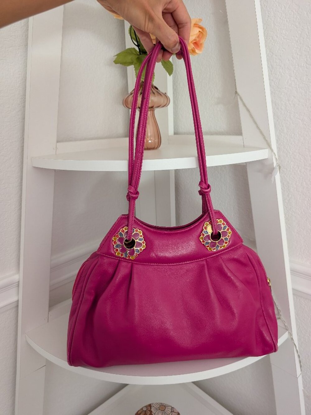 Vintage Fuchsia Leather Shoulder Handbag